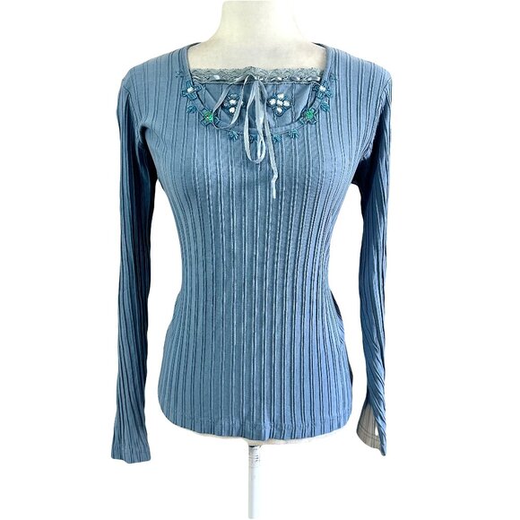 Adriane Dilafield Vtg Y2K Blue Beaded Bow Long-sleeved Top - Picture 1 of 8